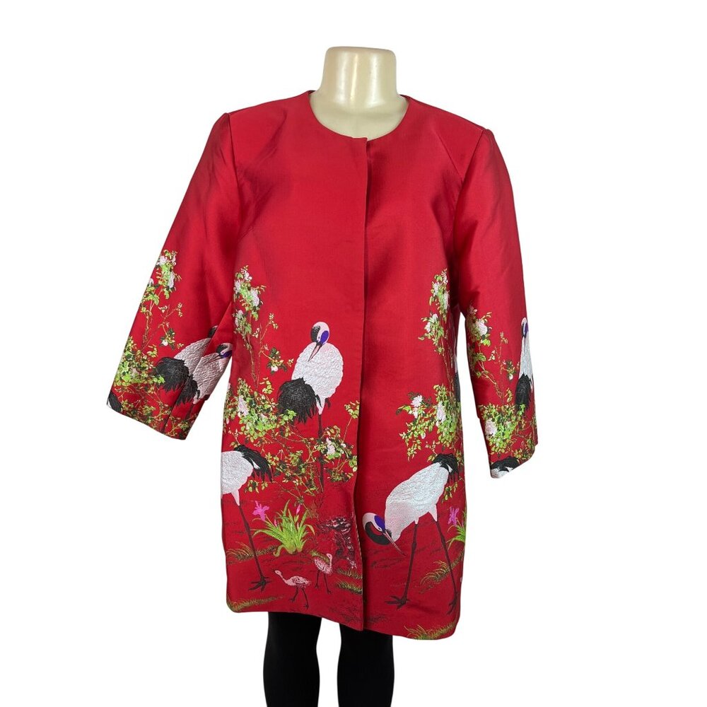 La Cera Women's Red Crane Print Long Jacket With Button Closures Sz XL